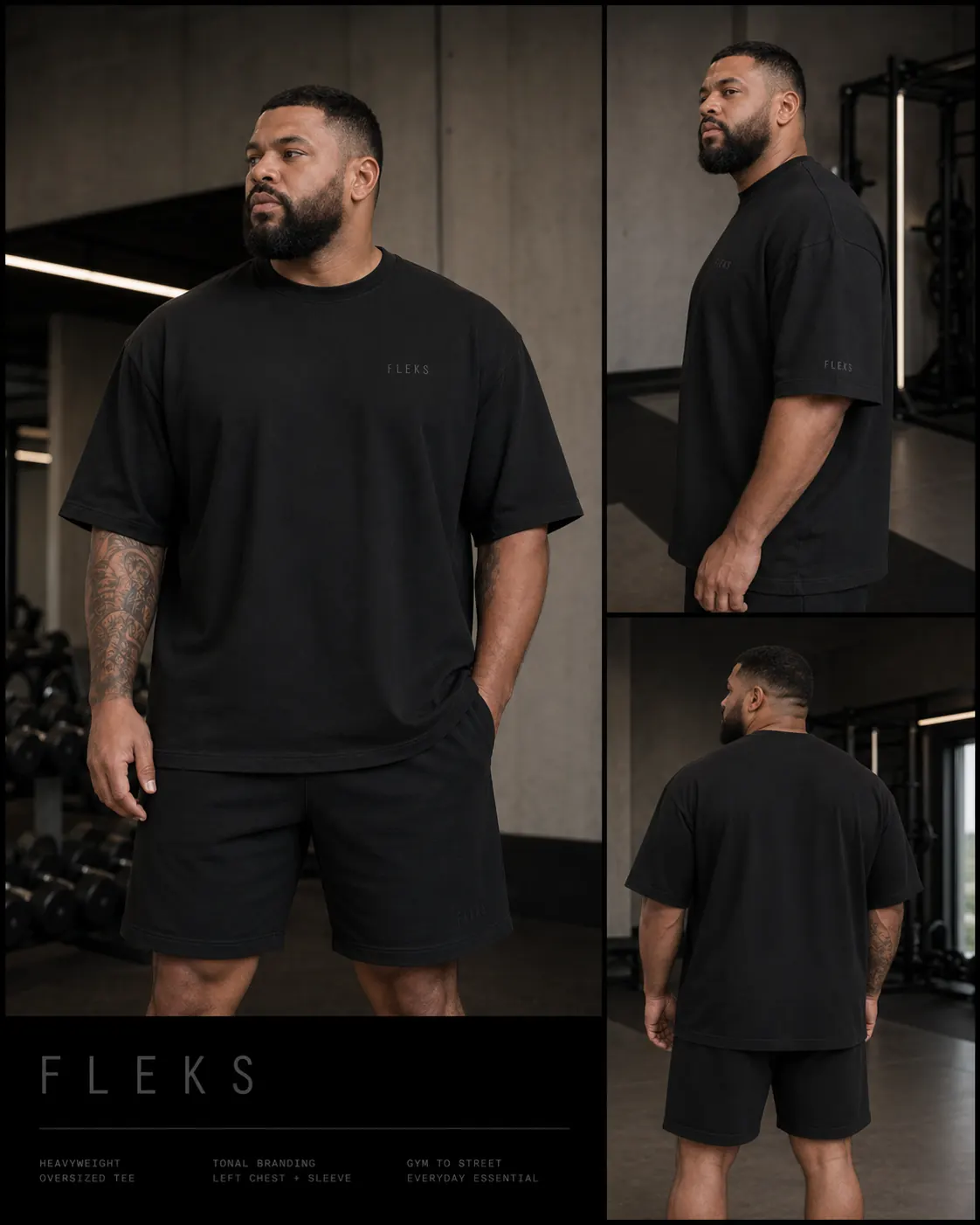 FLEKS brand poster showing Tee 01 product direction and fit details