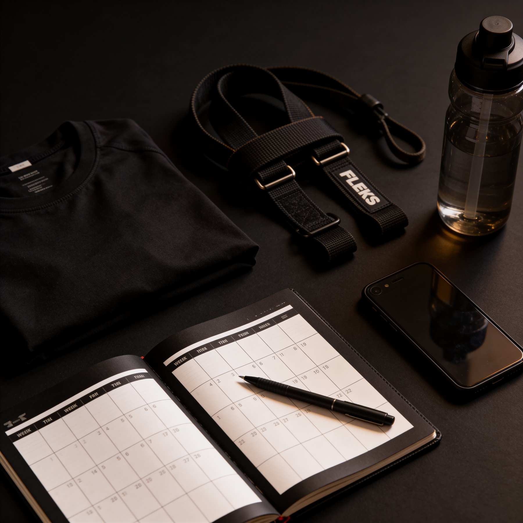 Training plan, FLEKS tee, straps, water bottle, and phone laid out for a focused planning call