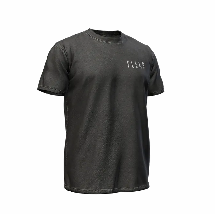 3D design render of FLEKS Tee 01 in faded black, with a small FLEKS mark on the chest