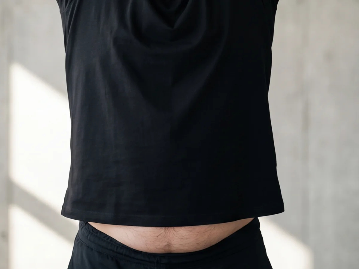 Black gym tee riding up while arms are raised, exposing the stomach
