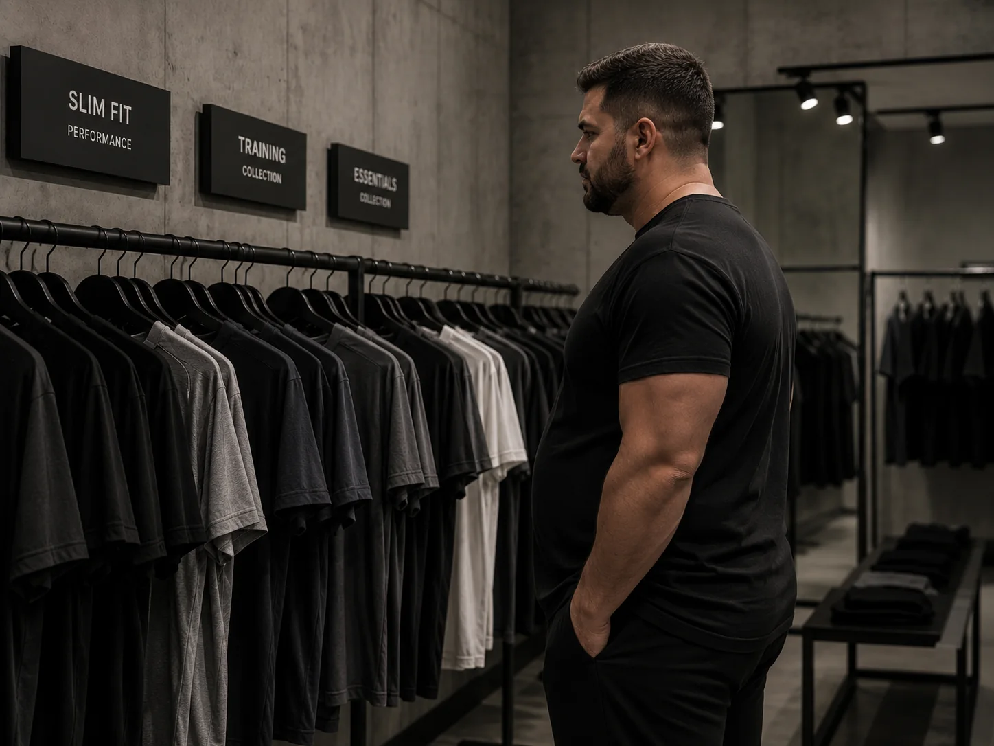 Bigger guy standing beside muted gymwear rails and slim fit signage