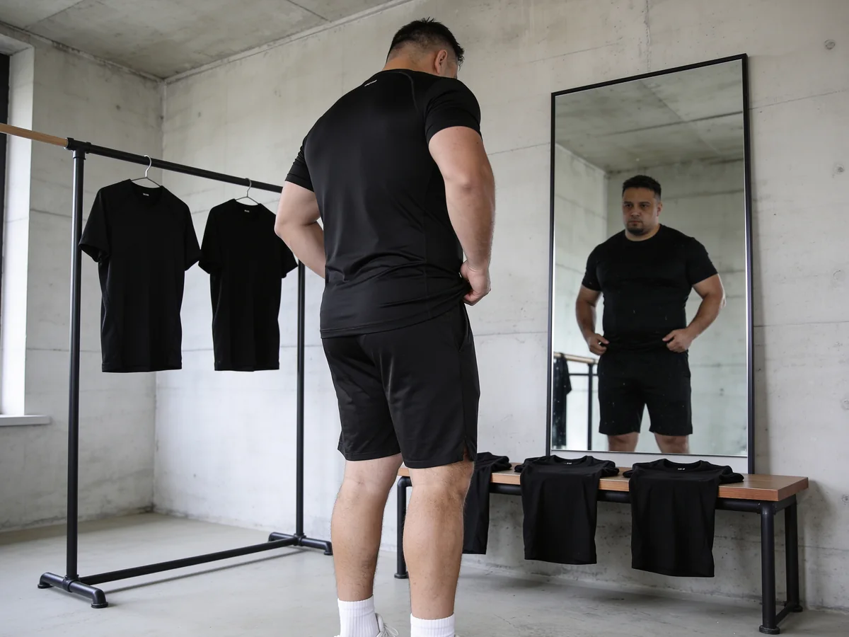 Bigger guy trying on black gym tees in front of a mirror and clothing rail