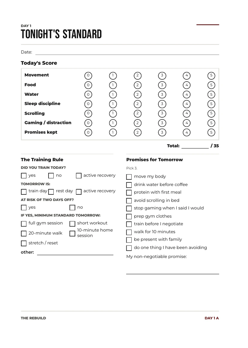 A blank daily Rebuild scorecard showing seven scoring areas and tomorrow’s promises
