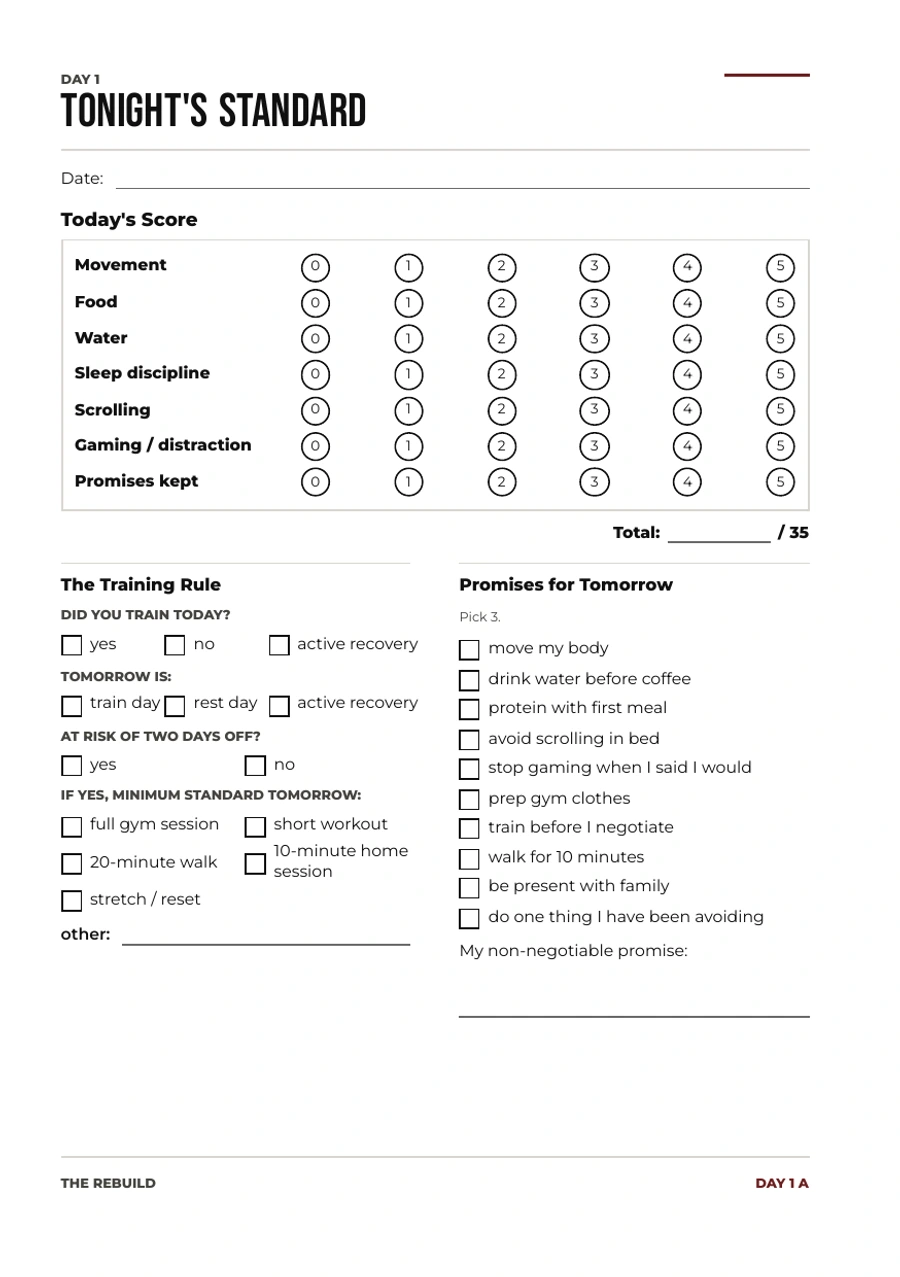 Day 1, page A: today’s score, the training rule and three promises for tomorrow.