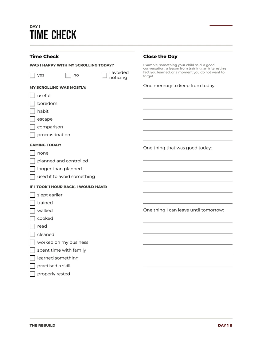 A blank Rebuild time-check page with space to record where your time went and close the day