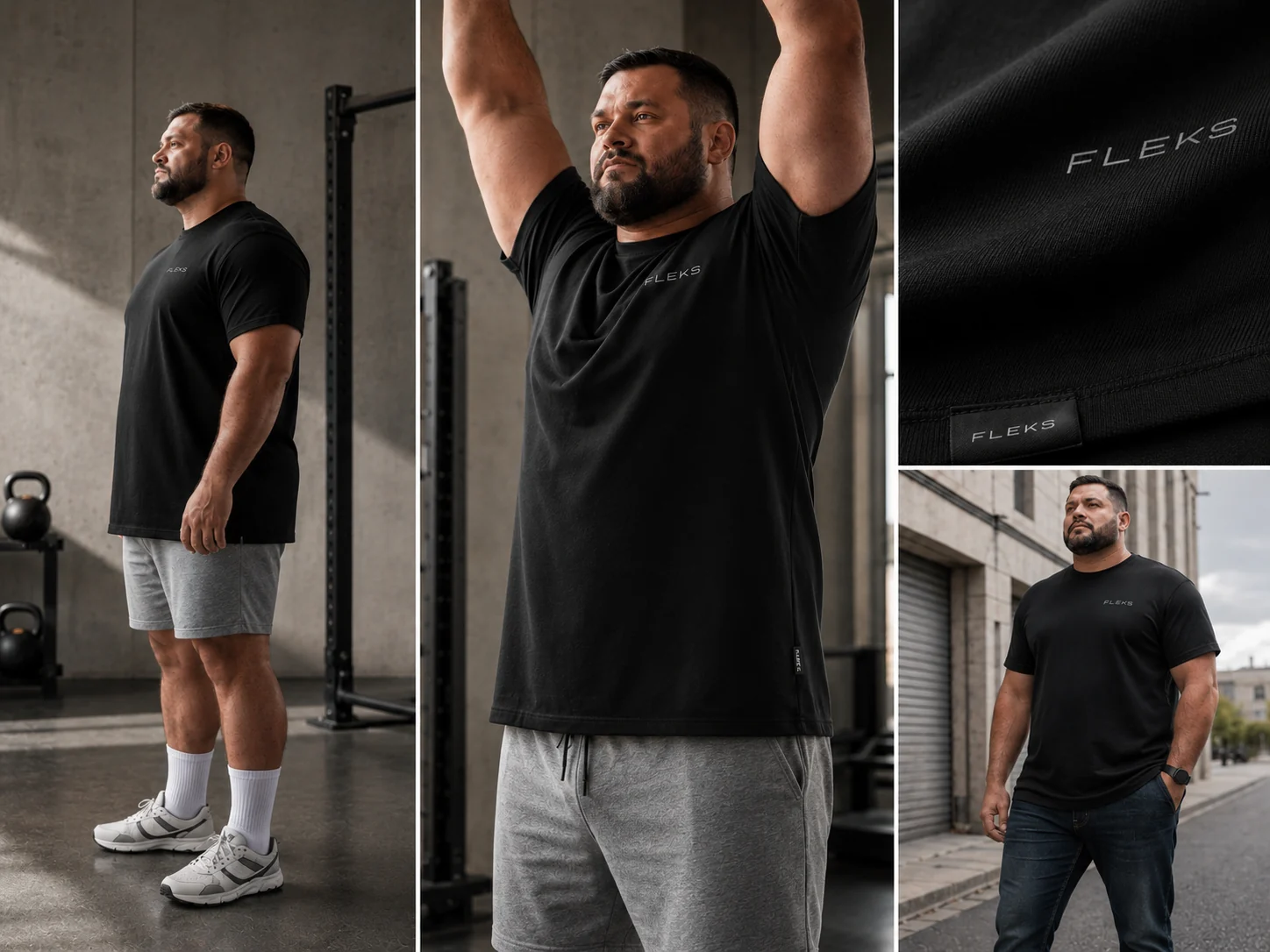 FLEKS Tee 01 fit test poster showing side drape, arms-up coverage, fabric detail, and streetwear styling